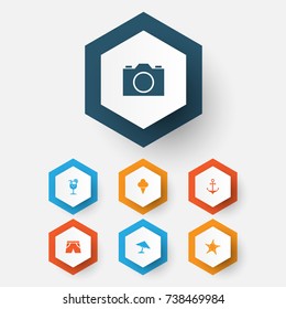Season Icons Set. Collection Of Lemonade, Armature, Sea Star And Other Elements. Also Includes Symbols Such As Fish, Photo, Parasol.