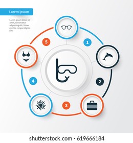 Season Icons Set. Collection Of Mammal, Tube, Bikini And Other Elements. Also Includes Symbols Such As Goggles, Mask, Fish.