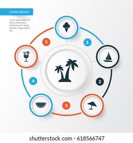 Season Icons Set. Collection Of Melon, Trees, Ship And Other Elements. Also Includes Symbols Such As Parasol, Palms, Drink.
