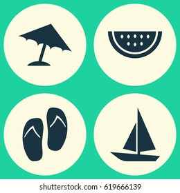 Season Icons Set. Collection Of Melon, Forceps, Ship And Other Elements. Also Includes Symbols Such As Citrus, Boat, Umbrella.