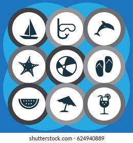 Season Icons Set. Collection Of Melon, Ship, Parasol And Other Elements. Also Includes Symbols Such As Ball, Melon, Citrus.