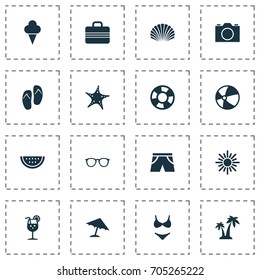 Season Icons Set. Collection Of Melon, Spectacles, Baggage And Other Elements. Also Includes Symbols Such As Swimming, Parasol, Sunglasses.