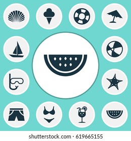 Season Icons Set. Collection Of Parasol, Bead, Melon And Other Elements. Also Includes Symbols Such As Underwear, Fish, Dinghy.