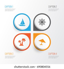 Season Icons Set. Collection Of Parasol, Trees, Ship And Other Elements. Also Includes Symbols Such As Sea, Sunny, Trees.