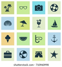 Season Icons Set. Collection Of Parasol, Goggles, Balloon And Other Elements. Also Includes Symbols Such As Spectacles, Lemonade, Swimming.