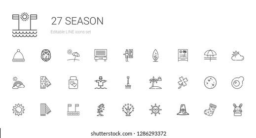season icons set. Collection of season with pilgrim, sun, tree, beach, scarf, clover, rake, scarecrow, wedding gift, rainbow, thermostat, bunny. Editable and scalable season icons.