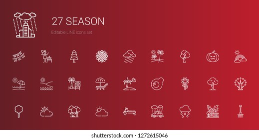season icons set. Collection of season with raining, rain, deck chair, cloudy, forest, tree, sunflower, egg, beach, sunbed, storm, rake, rainbow. Editable and scalable season icons.