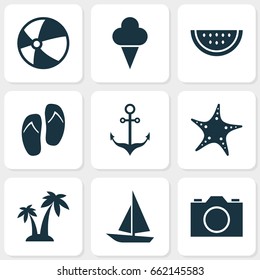 Season Icons Set. Collection Of Sea Star, Sorbet, Balloon And Other Elements. Also Includes Symbols Such As Sea, Melon, Circle.