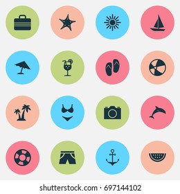 Season Icons Set. Collection Of Sea Star, Baggage, Smelting And Other Elements. Also Includes Symbols Such As Suit, Beach, Ball.