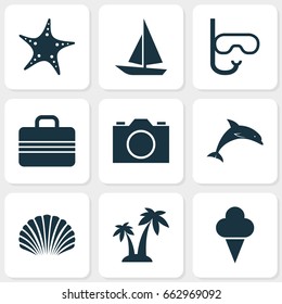 Season Icons Set. Collection Of Ship, Sea Star, Mammal And Other Elements. Also Includes Symbols Such As Video, Boat, Conch.