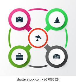 Season Icons Set. Collection Of Ship, Baggage, Video And Other Elements. Also Includes Symbols Such As Valise, Video, Conch.