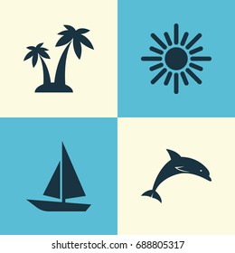 Season Icons Set. Collection Of Ship, Trees, Mammal And Other Elements. Also Includes Symbols Such As Sunny, Trees, Ship.