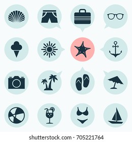 Season Icons Set. Collection Of Ship, Beach Sandals , Lemonade Elements. Also Includes Symbols Such As Balloon, Suit, Shorts.