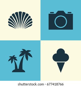Season Icons Set. Collection Of Sorbet, Conch, Video And Other Elements. Also Includes Symbols Such As Trees, Cocos, Sea.