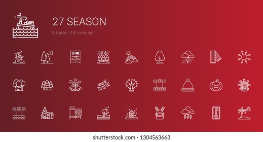 season icons set. Collection of season with storm, bunny, snowing, hurricane, beach, christmas tree, winter hat, tree, garlands, wedding bells. Editable and scalable season icons.