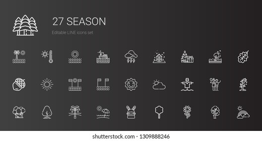 season icons set. Collection of season with sunflower, tree, bunny, beach, forest, scarecrow, cloudy, sun, acorn, christmas tree, snowing. Editable and scalable season icons.