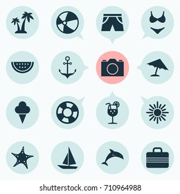 Season Icons Set. Collection Of Sunny, Balloon, Bikini And Other Elements. Also Includes Symbols Such As Lifebuoy, Parasol, Umbrella.