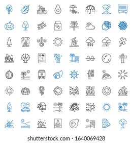 season icons set. Collection of season with tree, scarf, beach, egg, storm, snowing, sun, garlands, viburnum, birdhouse, rain, hurricane, garland. Editable and scalable season icons.