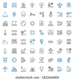 season icons set. Collection of season with tree, sunbed, beach, snowing, storm, forest, garlands, scarf, sun, bunny, sock, scarecrow, wedding gift. Editable and scalable season icons.