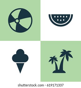 Season Icons Set. Collection Of Trees, Melon, Sweets And Other Elements. Also Includes Symbols Such As Watermelon, Palms, Trees.