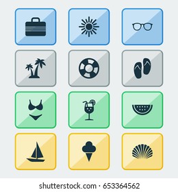 Season Icons Set. Collection Of Trees, Ship, Melon And Other Elements. Also Includes Symbols Such As Shell, Sun, Sandals.