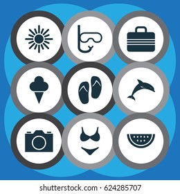 Season Icons Set. Collection Of Tube, Sweets, Video And Other Elements. Also Includes Symbols Such As Watermelon, Tongs, Sweets.