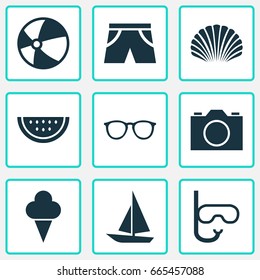 Season Icons Set. Collection Of Tube, Spectacles, Melon And Other Elements. Also Includes Symbols Such As Camera, Balloon, Ship.