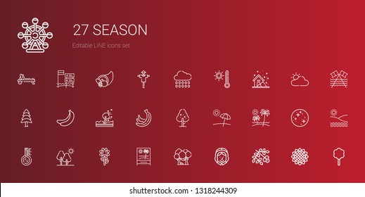 season icons set. Collection of season with viburnum, pilgrim, forest, beach, sunflower, tree, thermometer, bananas, hurricane, banana, pine. Editable and scalable season icons.