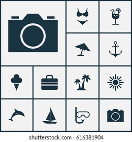 Season Icons Set. Collection Of Vitamin, Ship, Mammal And Other Elements. Also Includes Symbols Such As Umbrella, Drink, Suit.