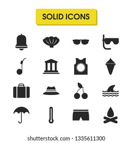 Season icons set with fire, cherry and building elements. Set of season icons and swimming trunks concept. Editable vector elements for logo app UI design.
