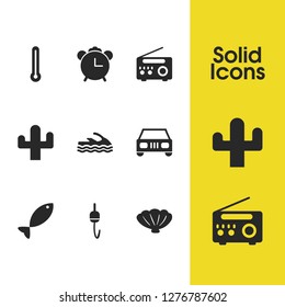 Season icons set with fish, automobile and radio elements. Set of season icons and scallop concept. Editable vector elements for logo app UI design.