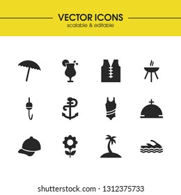 Season icons set with flower, baseball hat and water bike elements. Set of season icons and rod concept. Editable vector elements for logo app UI design.