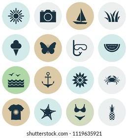 Season icons set with grass, swimsuits, starfish and other ananas elements. Isolated vector illustration season icons.