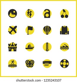 Season icons set with lifebuoy, aircraft, landscape elements. Set of season icons and conditioner concept. Editable vector elements for logo app UI design.