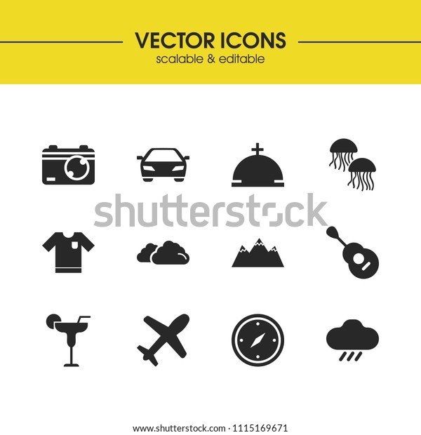 Season icons set with mountain, compass\
and photo camera elements. Set of season icons and rain concept.\
Editable vector elements for logo app UI\
design.