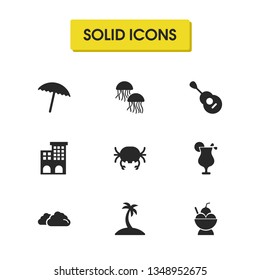 Season icons set with overcast, sand with tree, guitar elements. Set of season icons and cloud concept. Editable vector elements for logo app UI design.