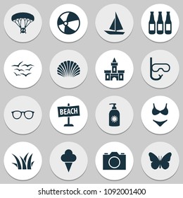 Season icons set with paraplane, boat, gulls and other balloon elements. Isolated vector illustration season icons.