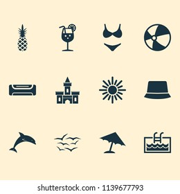 Season icons set with pool, sand castle, swimsuits bikini elements. Isolated vector illustration season icons.