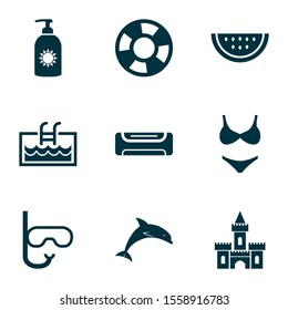 Season icons set with sand castle, pool, air conditioning swimming
 elements. Isolated vector illustration season icons.