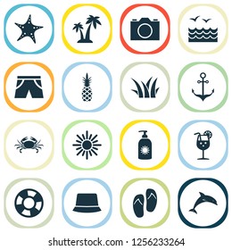 Season icons set with sea, crab, flip flop and other video elements. Isolated vector illustration season icons.
