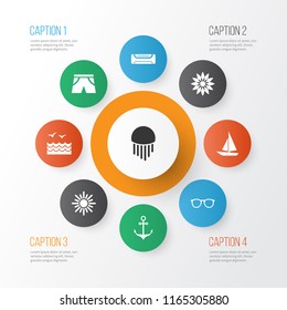 Season icons set with sea, shorts, flower and other armature elements. Isolated vector illustration season icons.