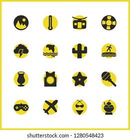 Season icons set with sundae, thermometer, candy elements. Set of season icons and lifeguard concept. Editable vector elements for logo app UI design.