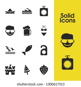 Season icons set with swimsuit, water bike and tag elements. Set of season icons and melon popsicle concept. Editable vector elements for logo app UI design.