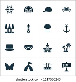 Season icons set with tent, anchor, jellyfish and other armature elements. Isolated vector illustration season icons.