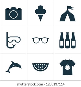 Season icons set with tent, t-shirt, ice cream and other sorbet elements. Isolated vector illustration season icons.