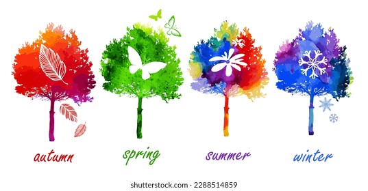 Season icons. A set of trees colored by the seasons of the year. Each of element illustrates one of four year seasons: spring, summer, autumn, winter. Vector illustration