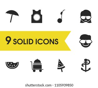 Season icons set with watermelon ice cream, anchor and woman with glasses elements. Set of season icons and t-shirt concept. Editable vector elements for logo app UI design.