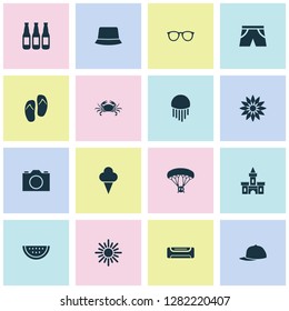 Season icons set with watermelon, panama, flower and other kingdom elements. Isolated vector illustration season icons.
