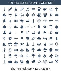 season icons. Trendy 100 season icons. Contain icons such as candy cane, snowflake, fireworks, sunbed, rain, gift, socks, pumpkin, rake, confetti. season icon for web and mobile.