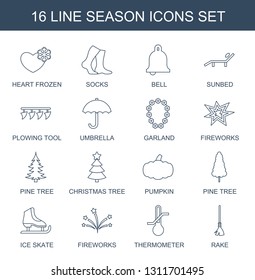 season icons. Trendy 16 season icons. Contain icons such as heart frozen, socks, bell, sunbed, plowing tool, umbrella, garland, fireworks, pine tree. season icon for web and mobile.